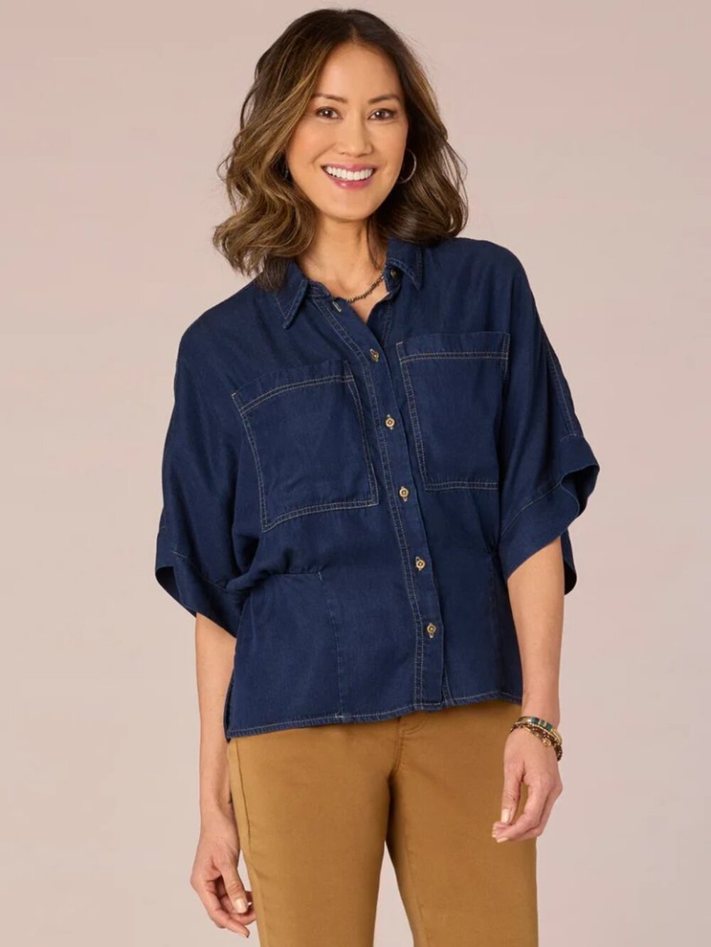 Democracy | Shirttail Hem Peplum Patch Pocket Shirt in Indigo, Size M